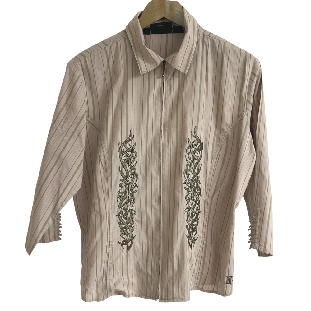 Harley Davidson Tan Embroidered Flame Full Zip Shirt‎ Biker Large Woman's Read